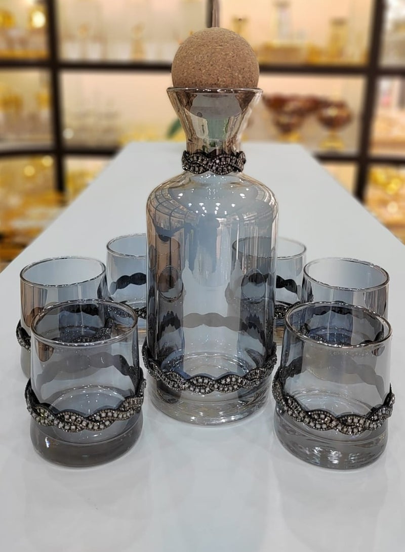 Elegant Glass Decanter Set With Cork Stopper Includes Six Matching Glasses Perfect For Serving Beverages In Style Handmade