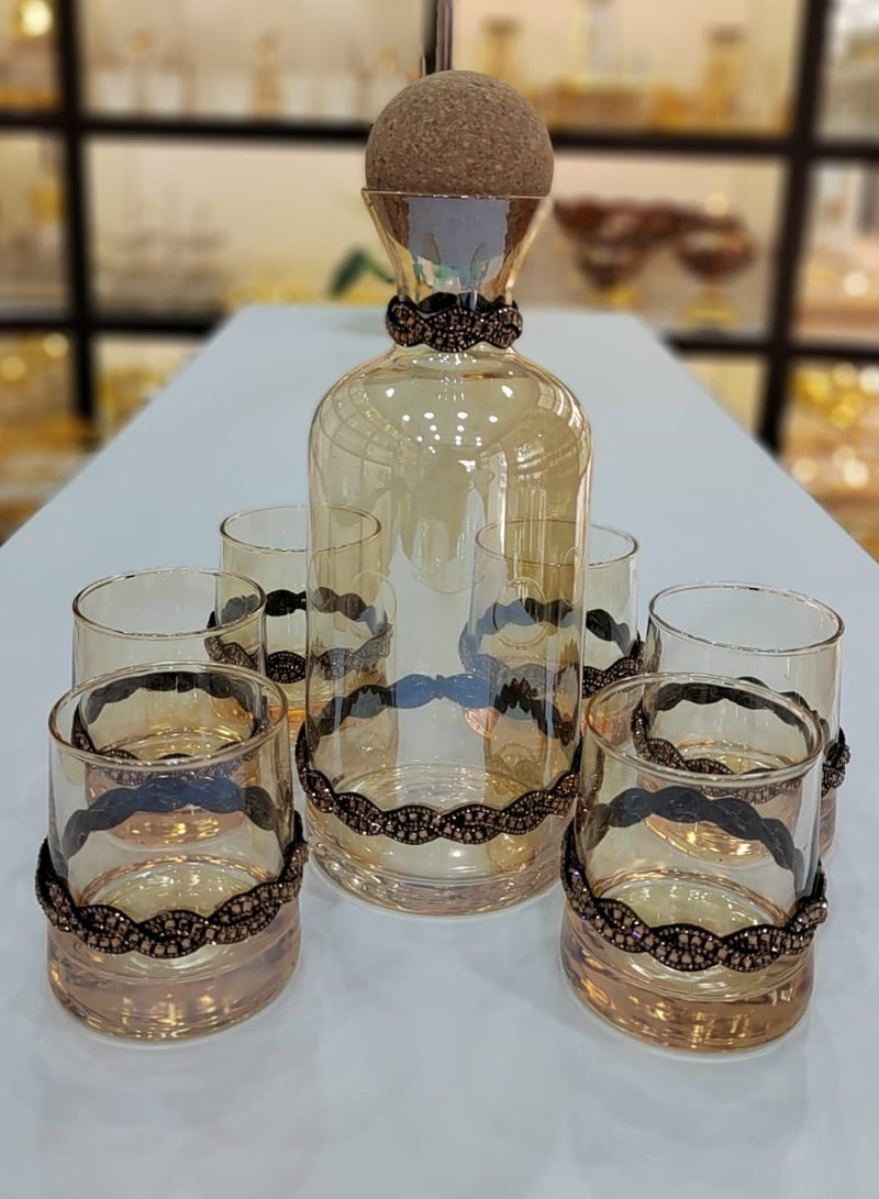 Elegant Glass Decanter Set With Cork Stopper Includes Six Matching Glasses Perfect For Serving Beverages In Style Handmade