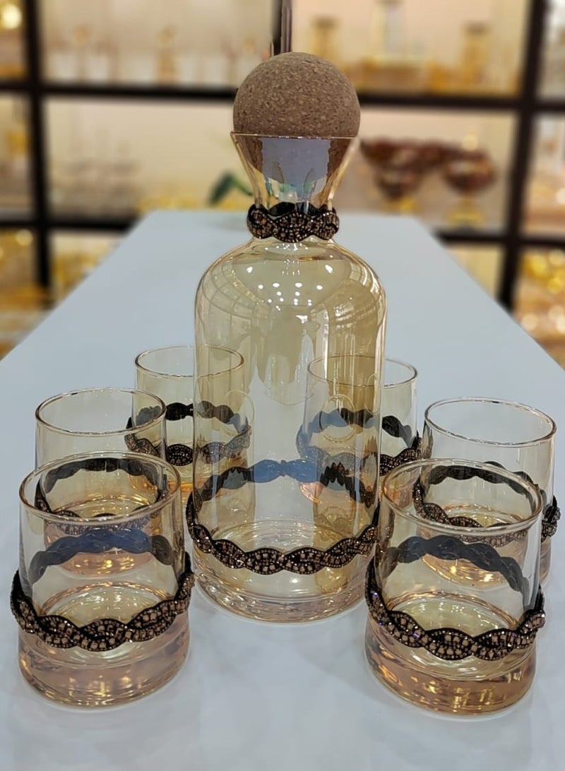 Elegant Glass Decanter Set With Cork Stopper Includes Six Matching Glasses Perfect For Serving Beverages In Style Handmade By Damanhoor