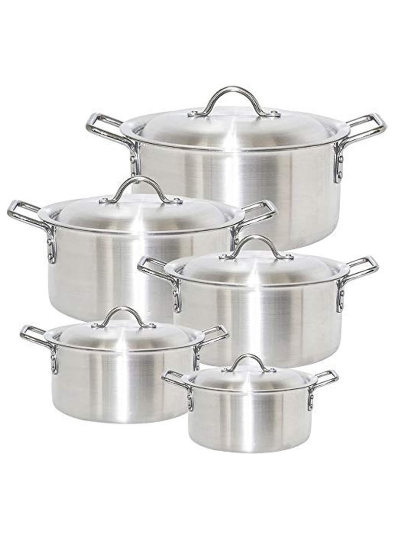 5Pieces Aluminum Cooking Pot Cookware Set With Handles Silver 20cm 22cm 24cm 26cm 28cm
