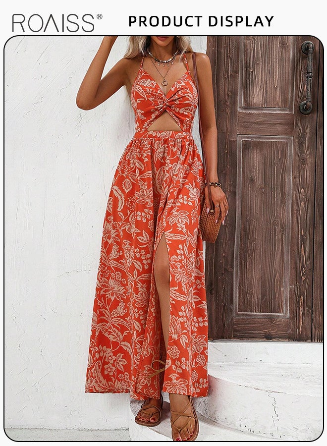 Floral Print Backless Halter Neck Dress for Women Resort Wear Cut out V Neck Split Hem A-Line Cami Dress Ladies Comfy and Skin-Friendly Sleeveless  High-Rise Beach Dresses for Ladies Elegant Temperament Casual Outfit