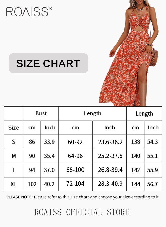 Floral Print Backless Halter Neck Dress for Women Resort Wear Cut out V Neck Split Hem A-Line Cami Dress Ladies Comfy and Skin-Friendly Sleeveless  High-Rise Beach Dresses for Ladies Elegant Temperament Casual Outfit