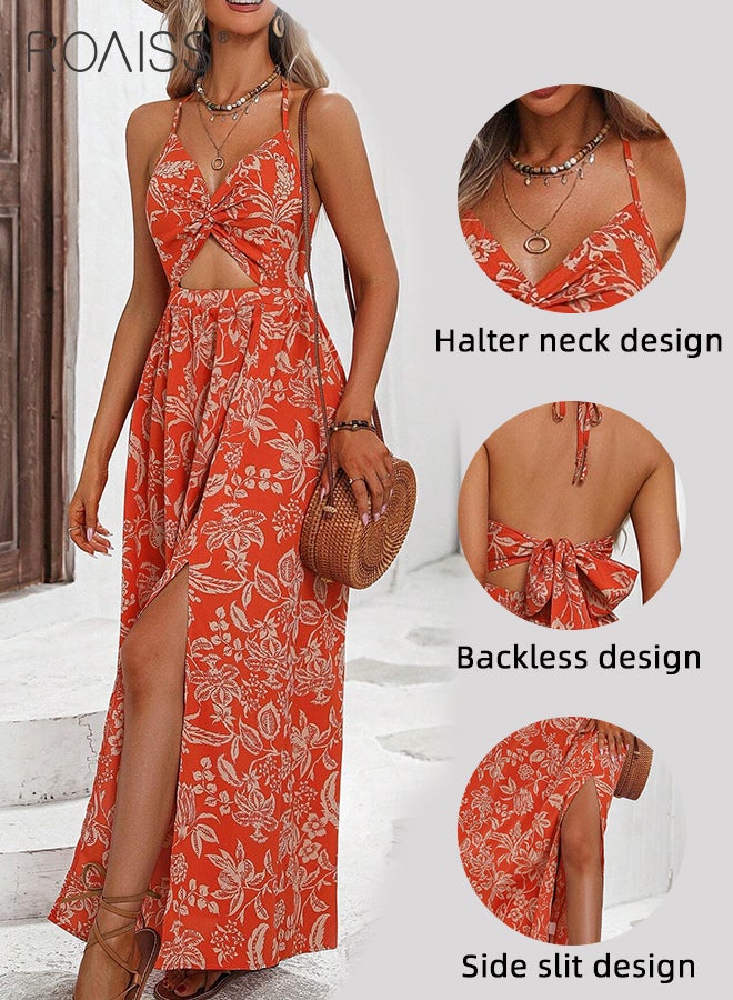 Floral Print Backless Halter Neck Dress for Women Resort Wear Cut out V Neck Split Hem A-Line Cami Dress Ladies Comfy and Skin-Friendly Sleeveless  High-Rise Beach Dresses for Ladies Elegant Temperament Casual Outfit