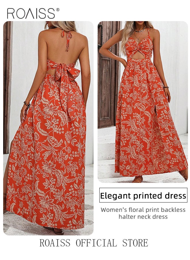 Floral Print Backless Halter Neck Dress for Women Resort Wear Cut out V Neck Split Hem A-Line Cami Dress Ladies Comfy and Skin-Friendly Sleeveless  High-Rise Beach Dresses for Ladies Elegant Temperament Casual Outfit