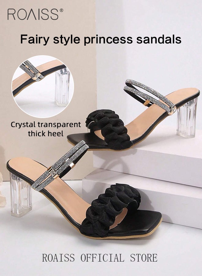 Rhinestone Decor Chunky Heeled Sandals for Women Mesh Yarn Decoration Two-Wear Crystal Transparent Heel Sandals Ladies Glamorous Square and Open Toe Slip on Heels Shoes