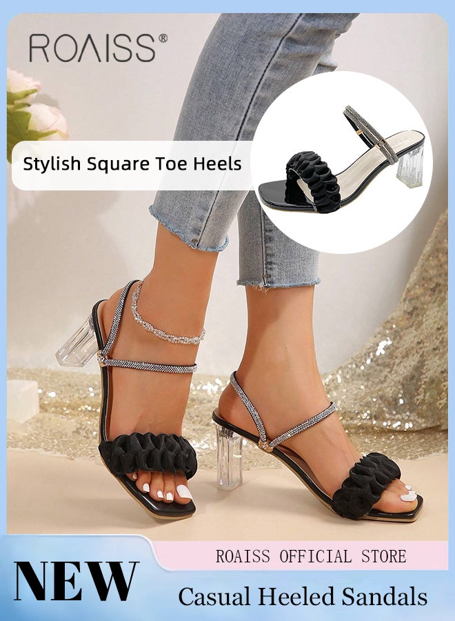 Rhinestone Decor Chunky Heeled Sandals for Women Mesh Yarn Decoration Two-Wear Crystal Transparent Heel Sandals Ladies Glamorous Square and Open Toe Slip on Heels Shoes