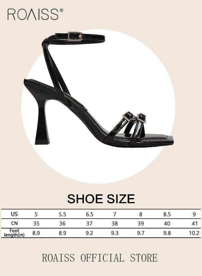 Gorgeous Stiletto Sandals for Women High Heel Open Toe Temperament Heels Ladies Elegant Black Patent Leather Rhinestone Sandals with One-Line Design and Square Toe