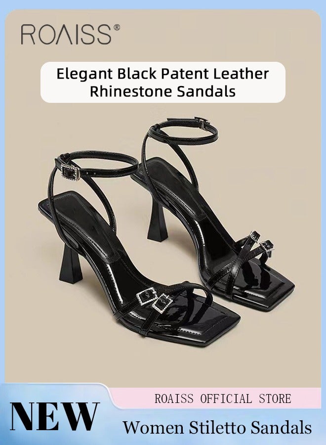 Gorgeous Stiletto Sandals for Women High Heel Open Toe Temperament Heels Ladies Elegant Black Patent Leather Rhinestone Sandals with One-Line Design and Square Toe