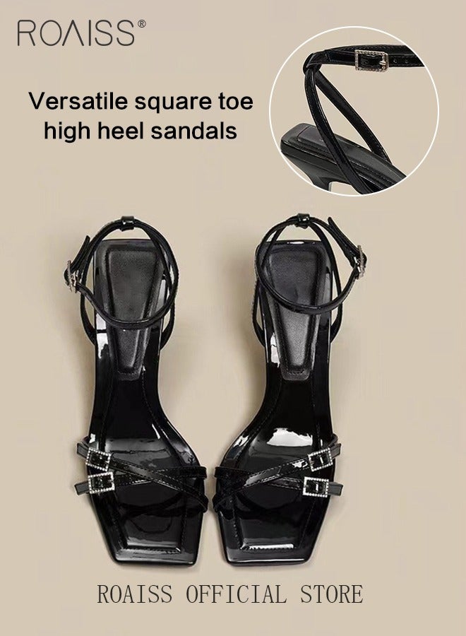 Gorgeous Stiletto Sandals for Women High Heel Open Toe Temperament Heels Ladies Elegant Black Patent Leather Rhinestone Sandals with One-Line Design and Square Toe