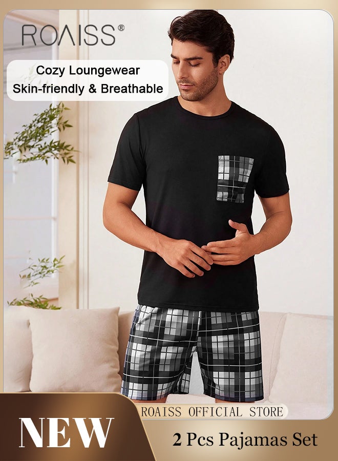 2 Piece Pajama Sets for Men Modal Short-Sleeved T-Shirt Short Pants Sets Men's Plaid Patchwork Comfortable Homewear Set Male Loose Spring Summer Loose Loungewear Clothes