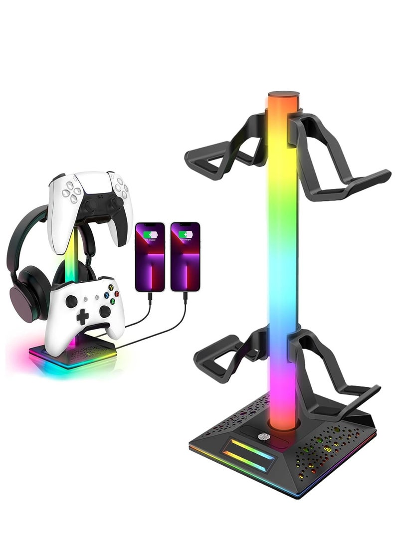Gaming Controller Holder, Headphone Stand With 2 USB Port and 1 Type-C, Game Controller Stand with 10 RGB Light Modes and Memory Feature, Universal Desk Gaming Headset Stand Accessories