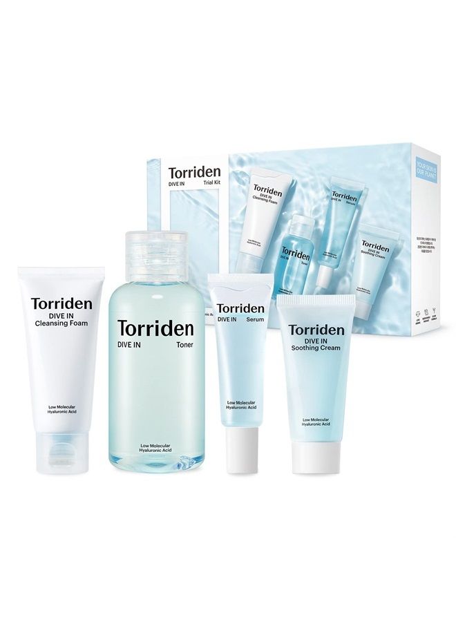 DIVE-IN Trial Kit, Hyaluronic Acid Infused Daily Skincare Kit - 4 Step Regimen with Foam Cleanser, Facial Toner, Serum, and Cream | Vegan, Hypoallergenic Korean Skin Care