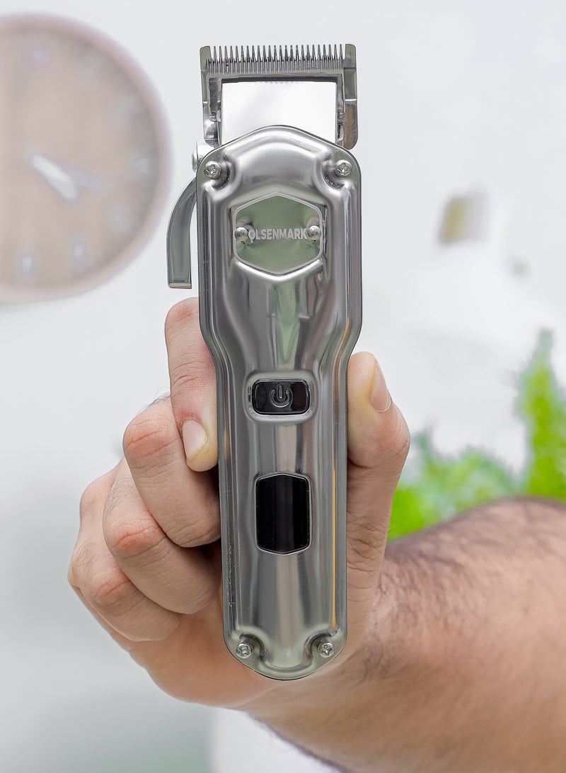 Professional Hair and Beard Trimmer OMTR4099, High Capacity Battery and Waterproof Design, Includes 10 Comb Attachments with Removable and Washable Silver