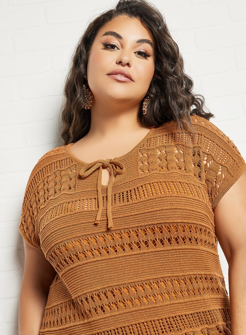 Plus Size Openwork Knit Dress Brown