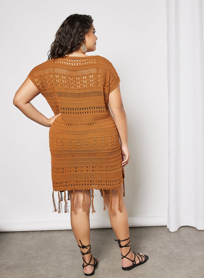 Plus Size Openwork Knit Dress Brown