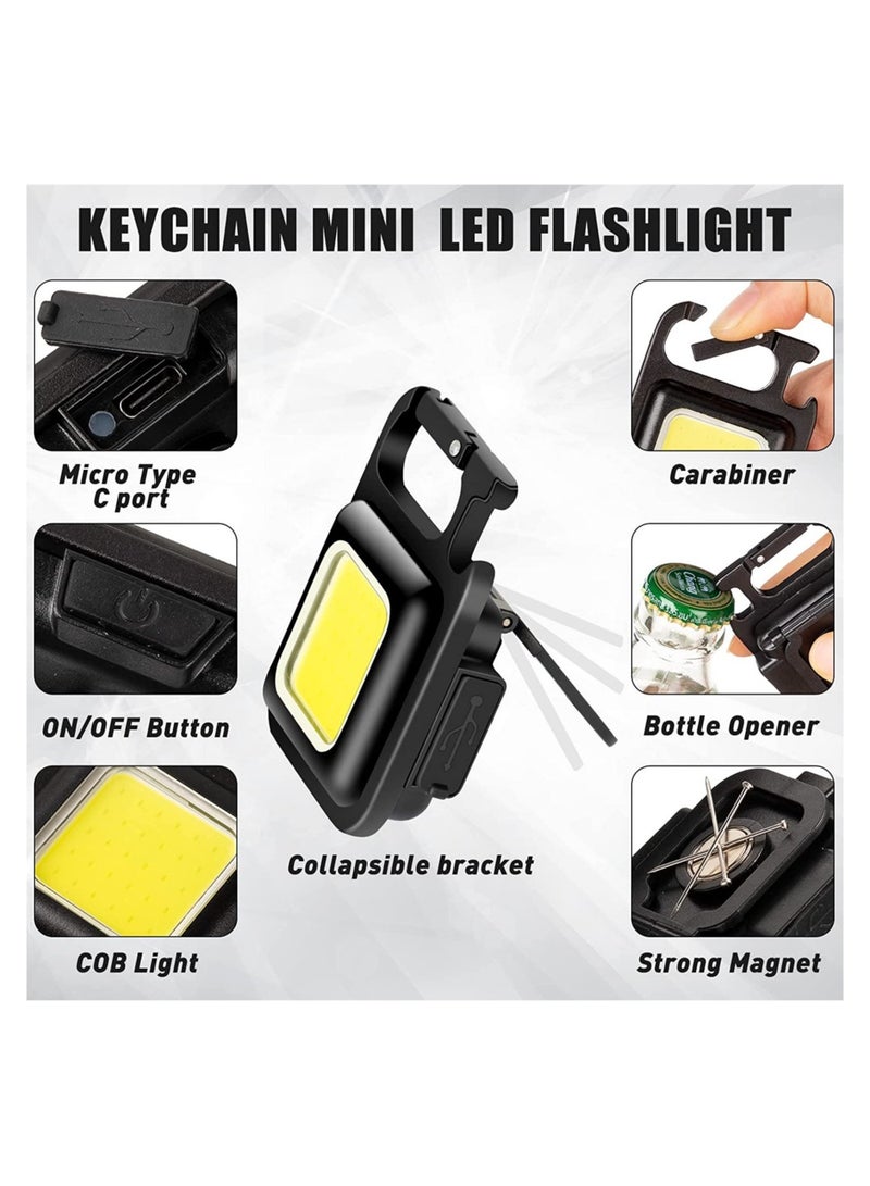 6 Pack COB Small Flashlights Bright Rechargeable Keychain Mini Flashlight 500 Lumens Pocket Flashlight with Folding Bracket Bottle Opener and Magnet Base 4 Light Modes Magnetic Work Light for Walking