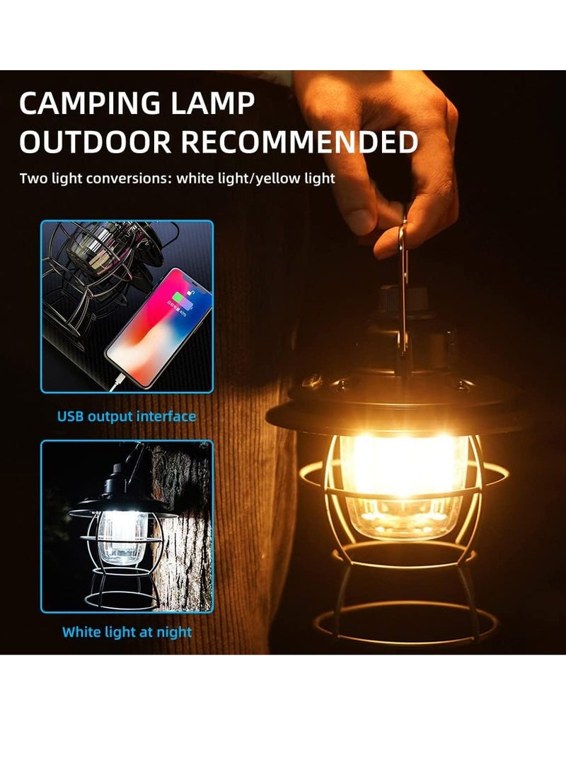 Retro LED Camping Lantern, USB Rechargeable Camping Lamp with 3 Light Modes, Vintage Camping Lights, Portable Waterproof Hanging Tent Light for Hiking Fishing