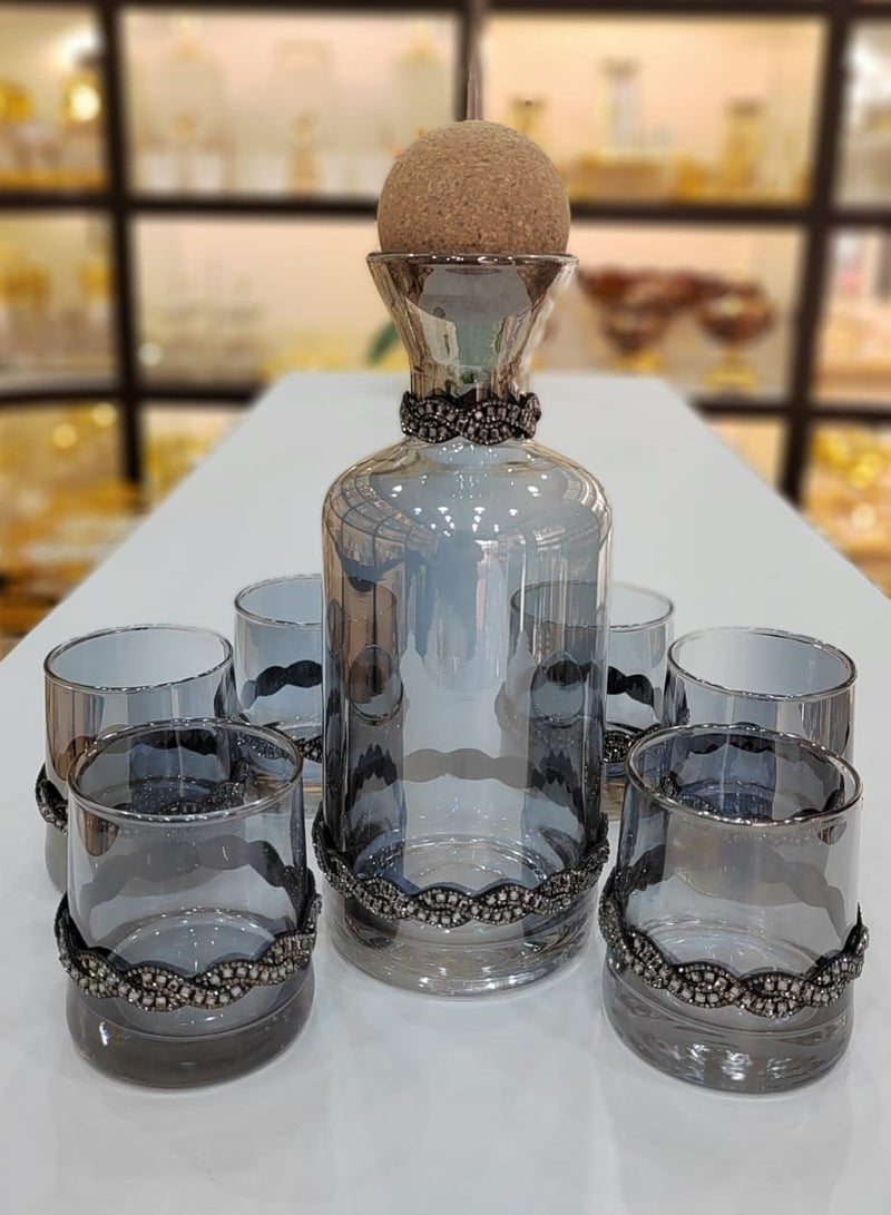 Elegant Glass Decanter Set With Cork Stopper Includes Six Matching Glasses Perfect For Serving Beverages In Style Handmade By Damanhoor
