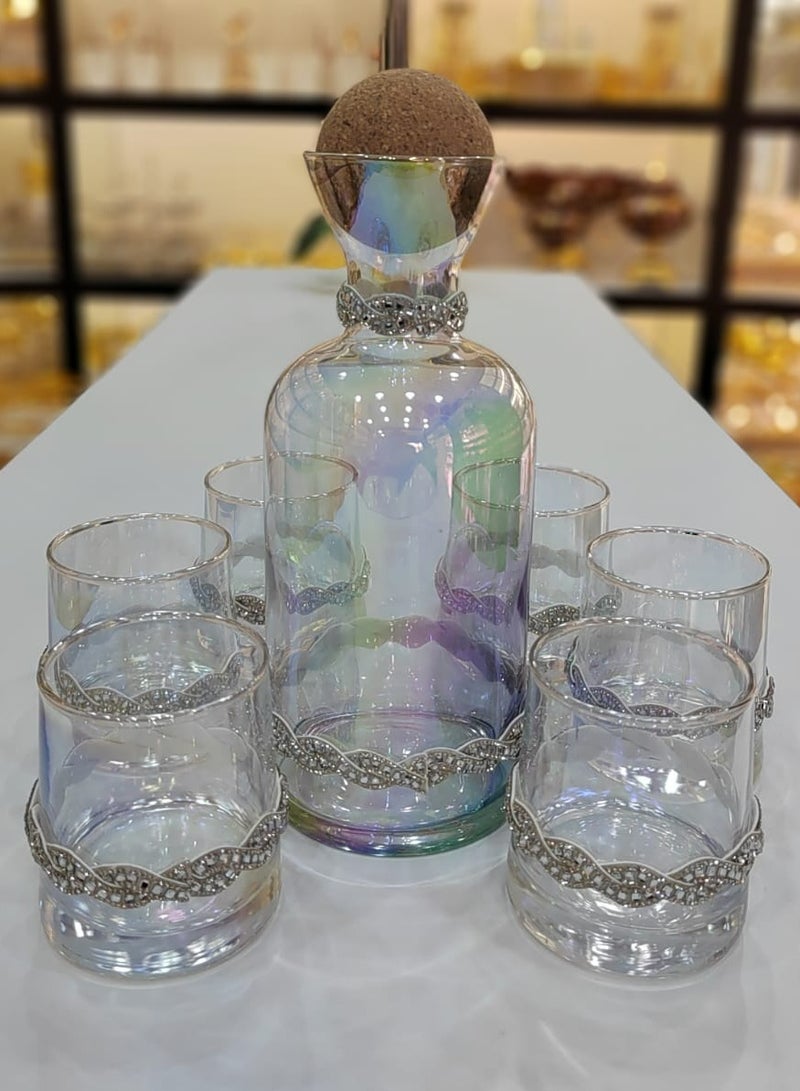 Elegant Glass Decanter Set With Cork Stopper Includes Six Matching Glasses Perfect For Serving Beverages In Style Handmade