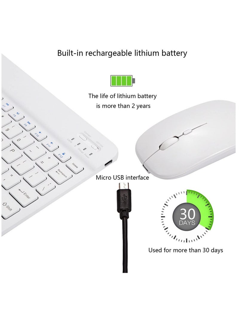 Ultra-Slim Bluetooth Keyboard and Mouse Combo Rechargeable Portable Wireless Keyboard Mouse Set for Apple iPad iPhone iOS 13 and Above Samsung Tablet Phone Smartphone Android Windows (White