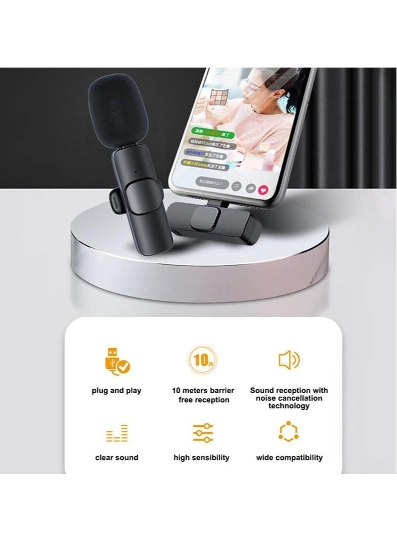 2 in 1 K8 Wireless Microphone, Digital Mini Portable Recording Clip Mic with Receiver for All Type-C Lightning Mobile Phones Camera Laptop for Blogging YouTube Online Class