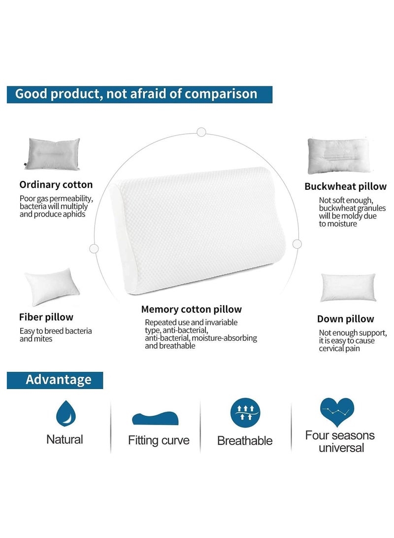 Cervical Orthopedic Memory Foam Pillow Standard Size Neck & Back Support Pillow for Sleeping with Removable Zipper Cover (23” L x 13.8” W x 4” H | Color: White | 2pcs Set