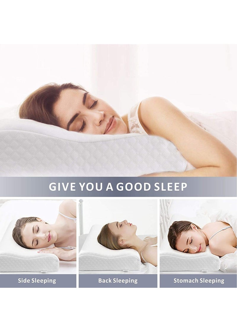 Memory Foam Pillow 60x38x10cm, Neck Designed Sleeping Pillow, Strong Neck Support Contour Bed Pillow Suitable for Side Sleepers,Washable Pillow Cover, White