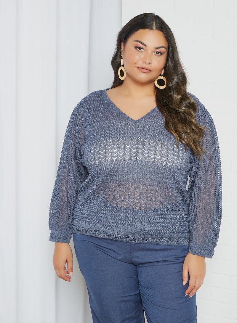 Plus Size Puff Sleeve Sweater Blue