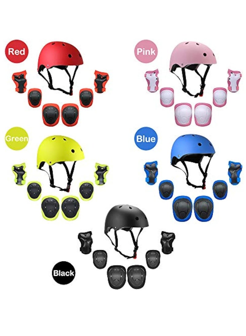 Kids Helmet And Pads Set - 7 In 1 - Adjustable Kids Knee Pads Elbow Pads Wrist Guards For Scooter Skateboard Roller Skating Cycling-Red