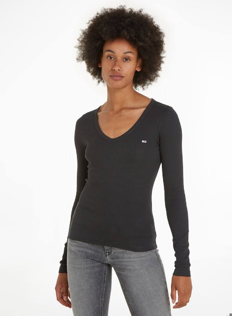 Women's Slim Essential Long Sleeve T-Shirt - Cotton, Black