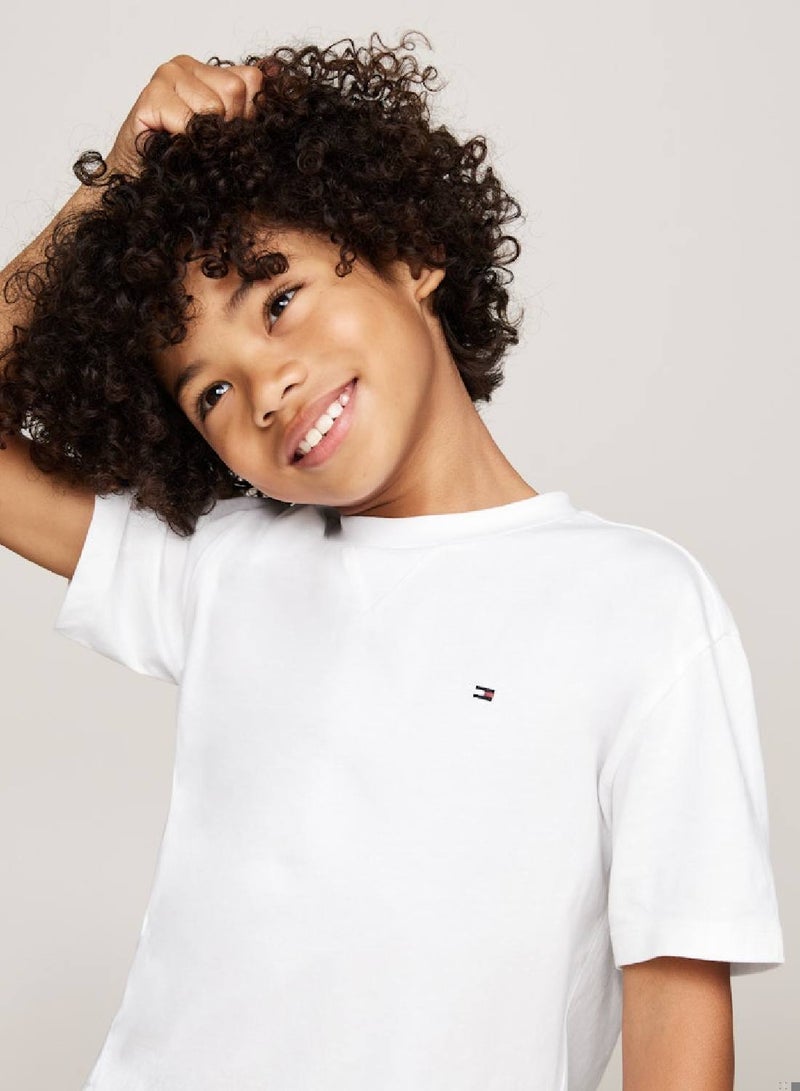 Boys' Flag Embroidery Crew Neck T-Shirt -  Pure cotton, White