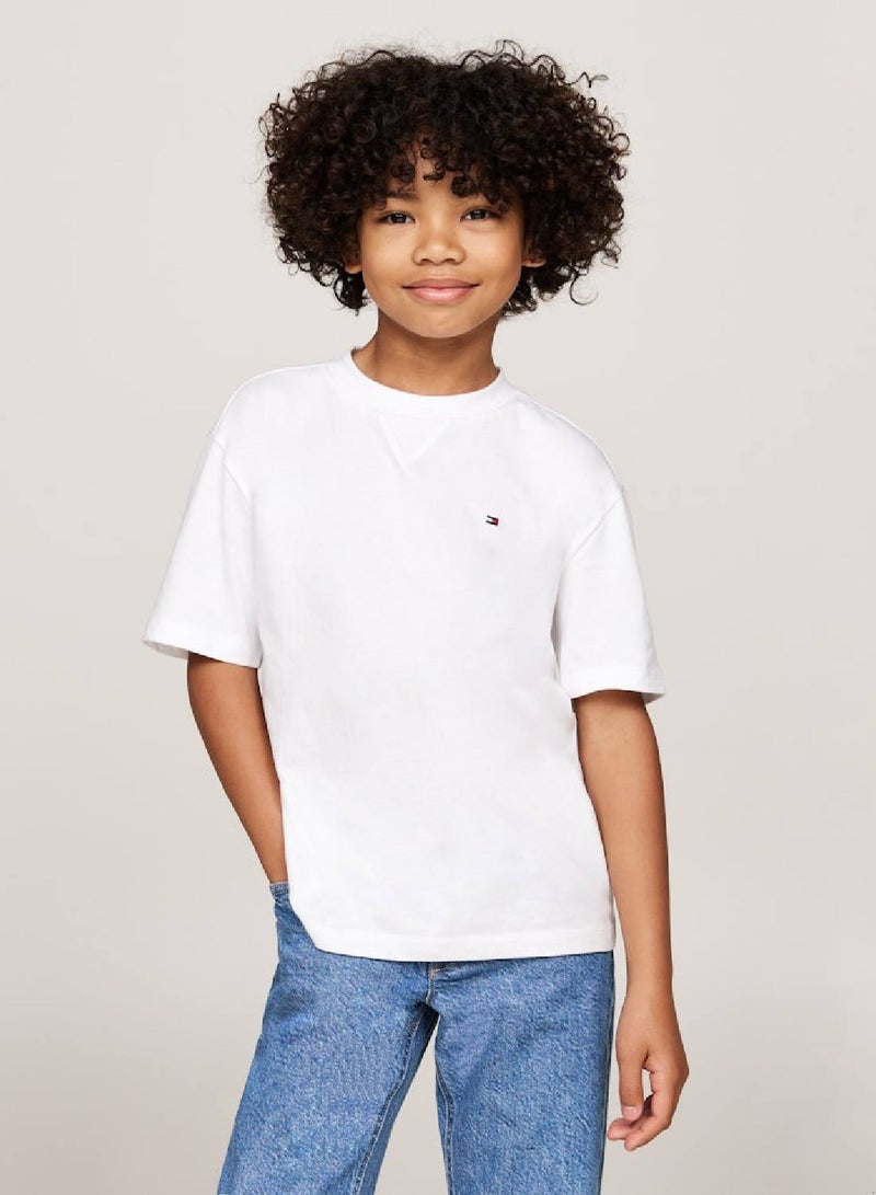 Boys' Flag Embroidery Crew Neck T-Shirt -  Pure cotton, White