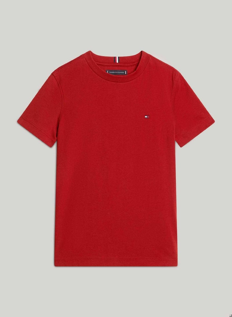 Boys' Essential Flag Embroidery T-Shirt -  Pure cotton, Red