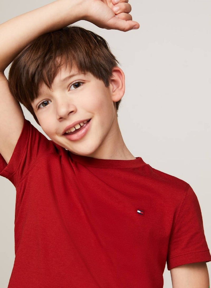 Boys' Essential Flag Embroidery T-Shirt -  Pure cotton, Red