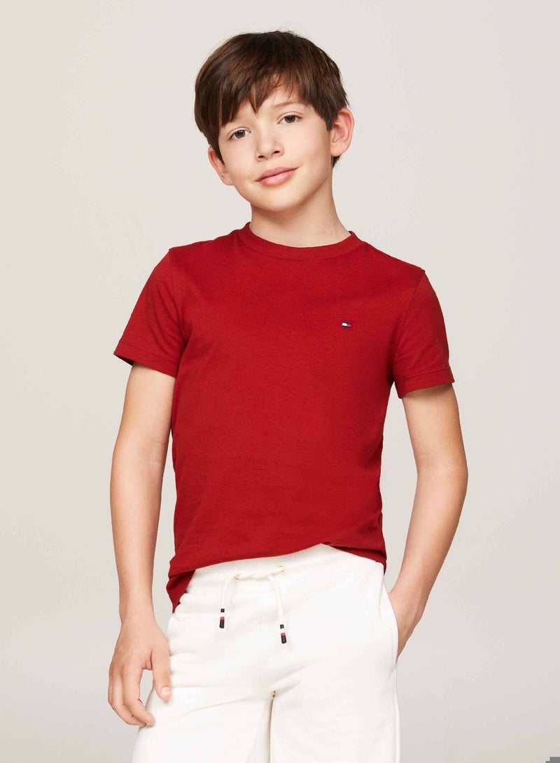 Boys' Essential Flag Embroidery T-Shirt -  Pure cotton, Red