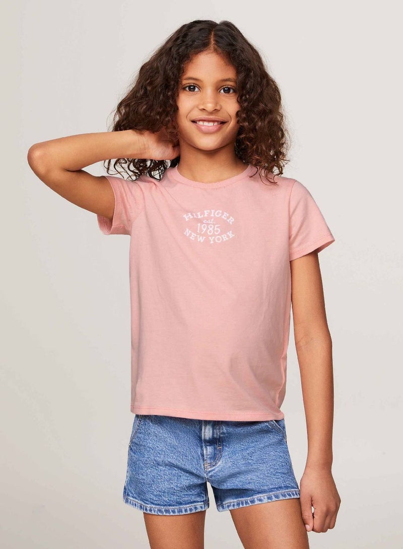 Girls' Hilfiger Monotype Flock Logo Slim T-Shirt -  Cotton blend vintage jersey, Pink