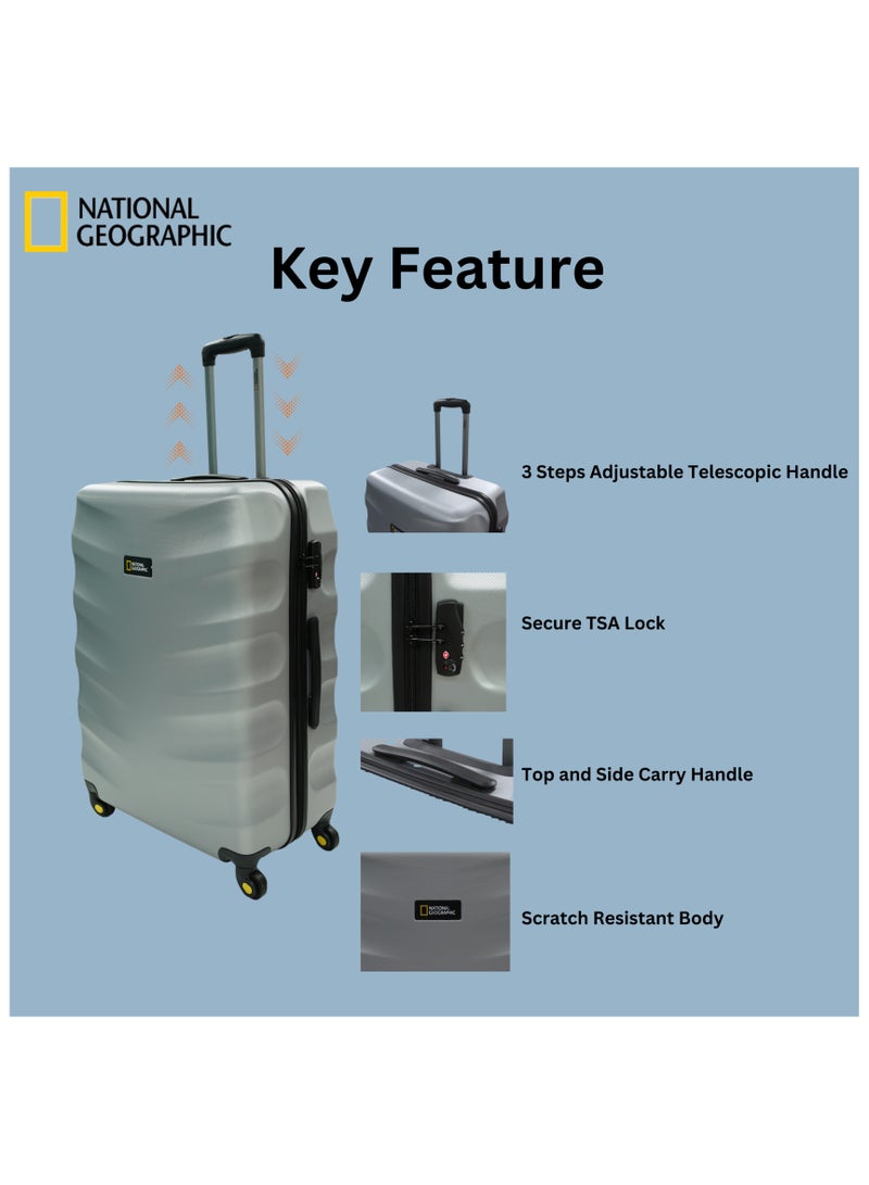 National Geographic Arete ABS Hard Case Suitcase Sets Silver, Durable Lightweight Travel Luggage, 4 Wheel 3pcs Trolley Bag with TSA Combination Lock (20+24+28 Inch).