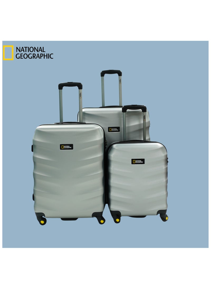 National Geographic Arete ABS Hard Case Suitcase Sets Silver, Durable Lightweight Travel Luggage, 4 Wheel 3pcs Trolley Bag with TSA Combination Lock (20+24+28 Inch).