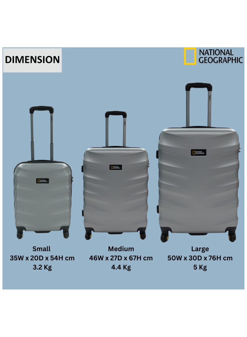 National Geographic Arete ABS Hard Case Suitcase Sets Silver, Durable Lightweight Travel Luggage, 4 Wheel 3pcs Trolley Bag with TSA Combination Lock (20+24+28 Inch).