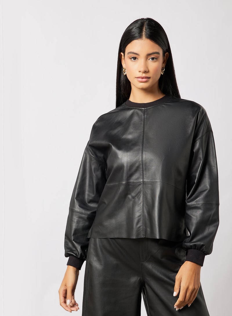 Florah Leather Oversized Sweatshirt Black