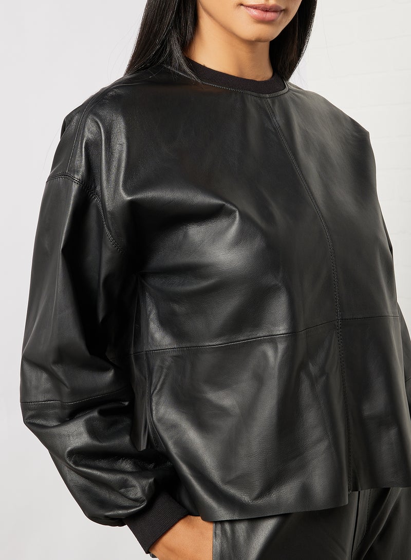 Florah Leather Oversized Sweatshirt Black