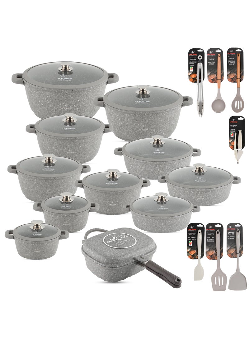 Cookware Set - 49 Pieces Pots and Pans set Granite Non Stick Coating 100% PFOA FREE, Induction Base Cooking Set with Removable Silicone Handles - Oven Safe (Grey)