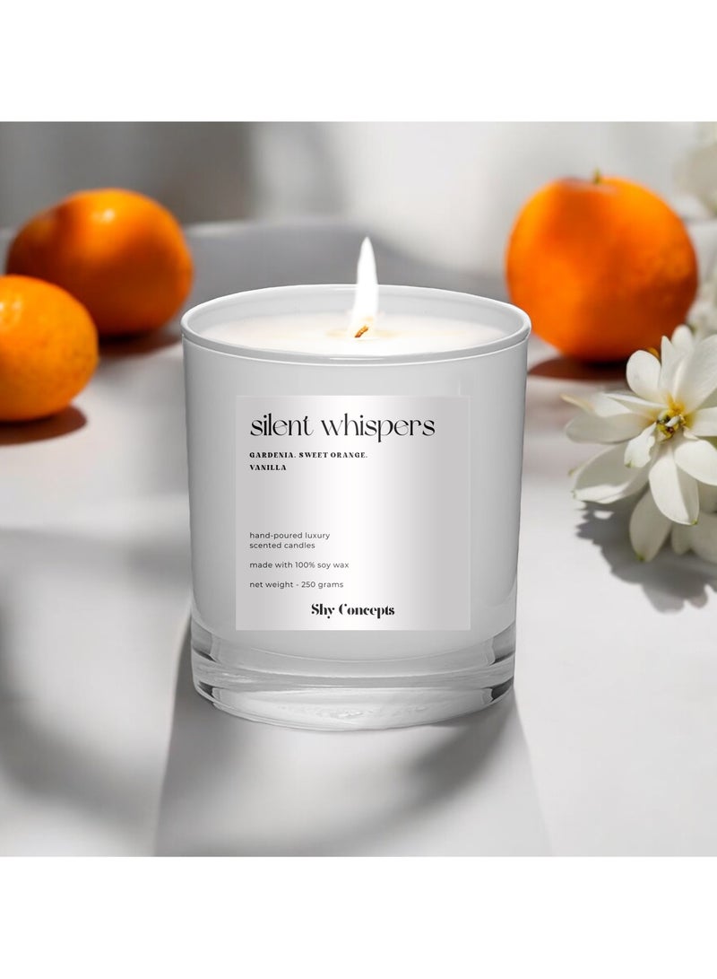 Premium Scented Candle Handmade with Natural Soy Wax for Aromatherapy, Stress Relief, Relaxation, Gift, Home Decor|Fragrance Oils| Gardenia, Sweet Orange, Vanilla| 250 grams| White Candle Jar|