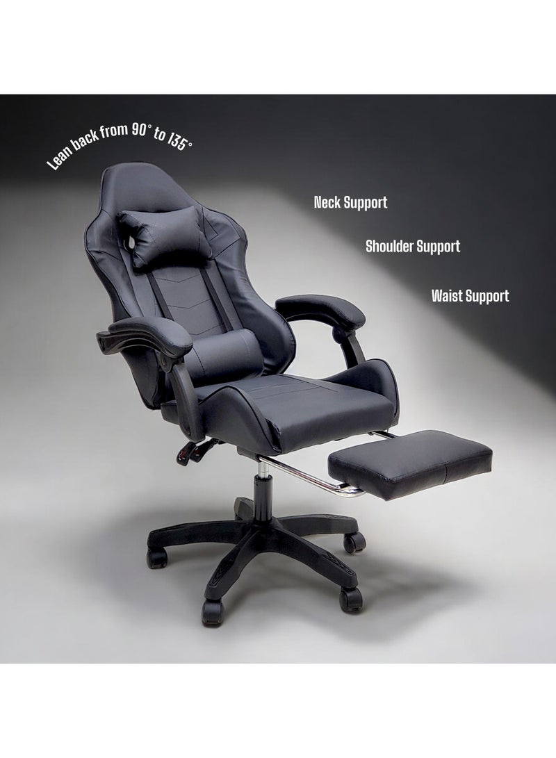 SBF High Back Gaming Chair with Footrest - Premium Leather, Padded Armrests, Adjustable Height, Headrest Cushion & Reclining Backrest, Swivel Office Computer Chair, Black