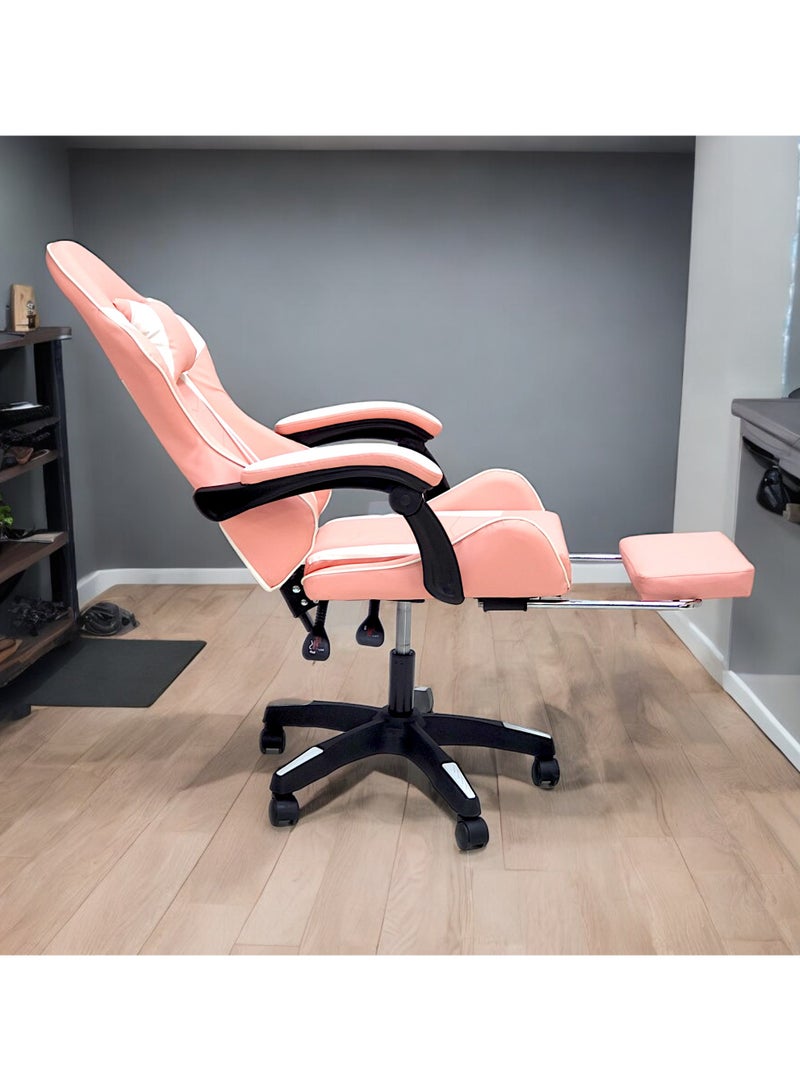 SBF High Back Gaming Chair with Footrest - Premium Leather, Padded Armrests, Adjustable Height, Headrest Cushion & Reclining Backrest, Swivel Office Computer Chair, Pink White