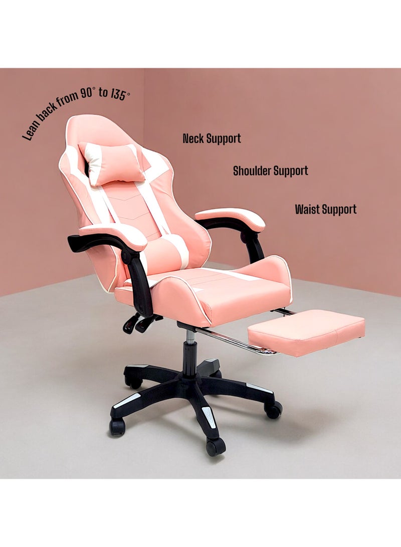 SBF High Back Gaming Chair with Footrest - Premium Leather, Padded Armrests, Adjustable Height, Headrest Cushion & Reclining Backrest, Swivel Office Computer Chair, Pink White