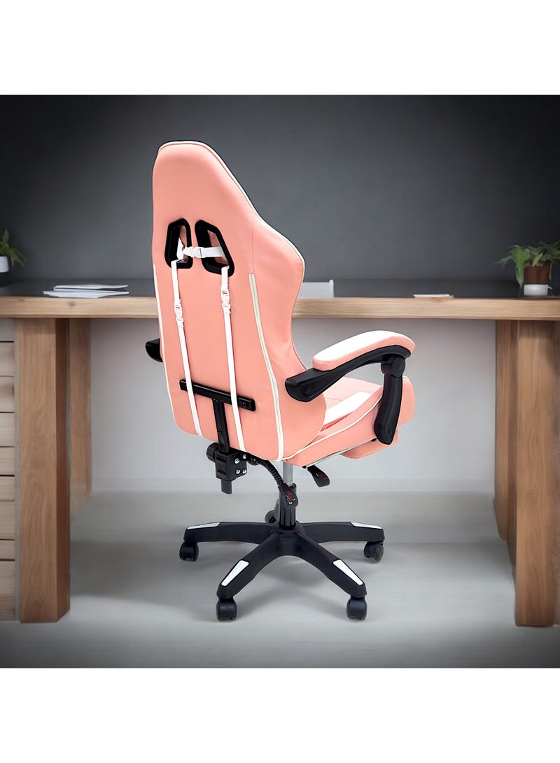 SBF High Back Gaming Chair with Footrest - Premium Leather, Padded Armrests, Adjustable Height, Headrest Cushion & Reclining Backrest, Swivel Office Computer Chair, Pink White