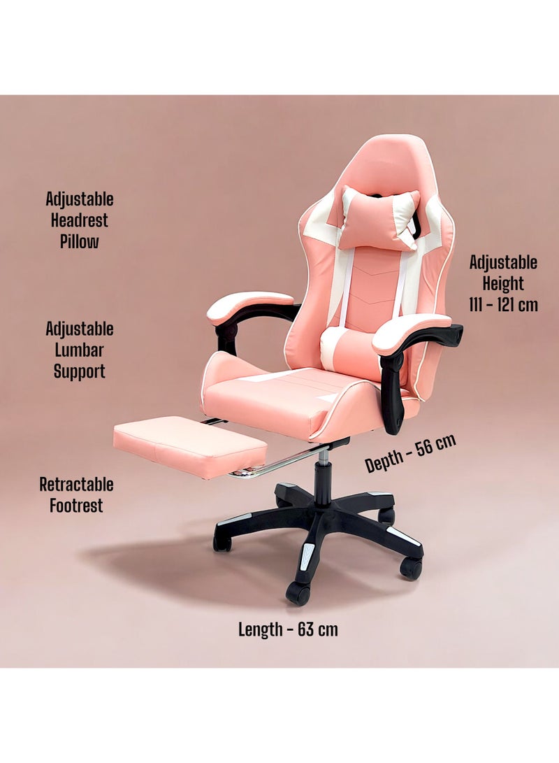 SBF High Back Gaming Chair with Footrest - Premium Leather, Padded Armrests, Adjustable Height, Headrest Cushion & Reclining Backrest, Swivel Office Computer Chair, Pink White