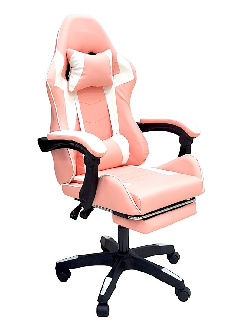 SBF High Back Gaming Chair with Footrest - Premium Leather, Padded Armrests, Adjustable Height, Headrest Cushion & Reclining Backrest, Swivel Office Computer Chair, Pink White