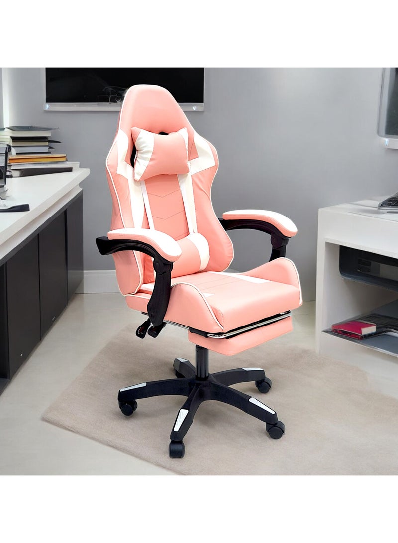 SBF High Back Gaming Chair with Footrest - Premium Leather, Padded Armrests, Adjustable Height, Headrest Cushion & Reclining Backrest, Swivel Office Computer Chair, Pink White